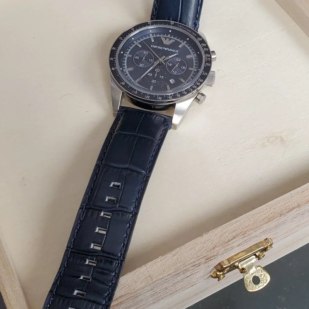 Emporio Armani Armani Navy Chronograph Blue Dial Black Leather Men's Watch AR60 - Picture 4 of 5